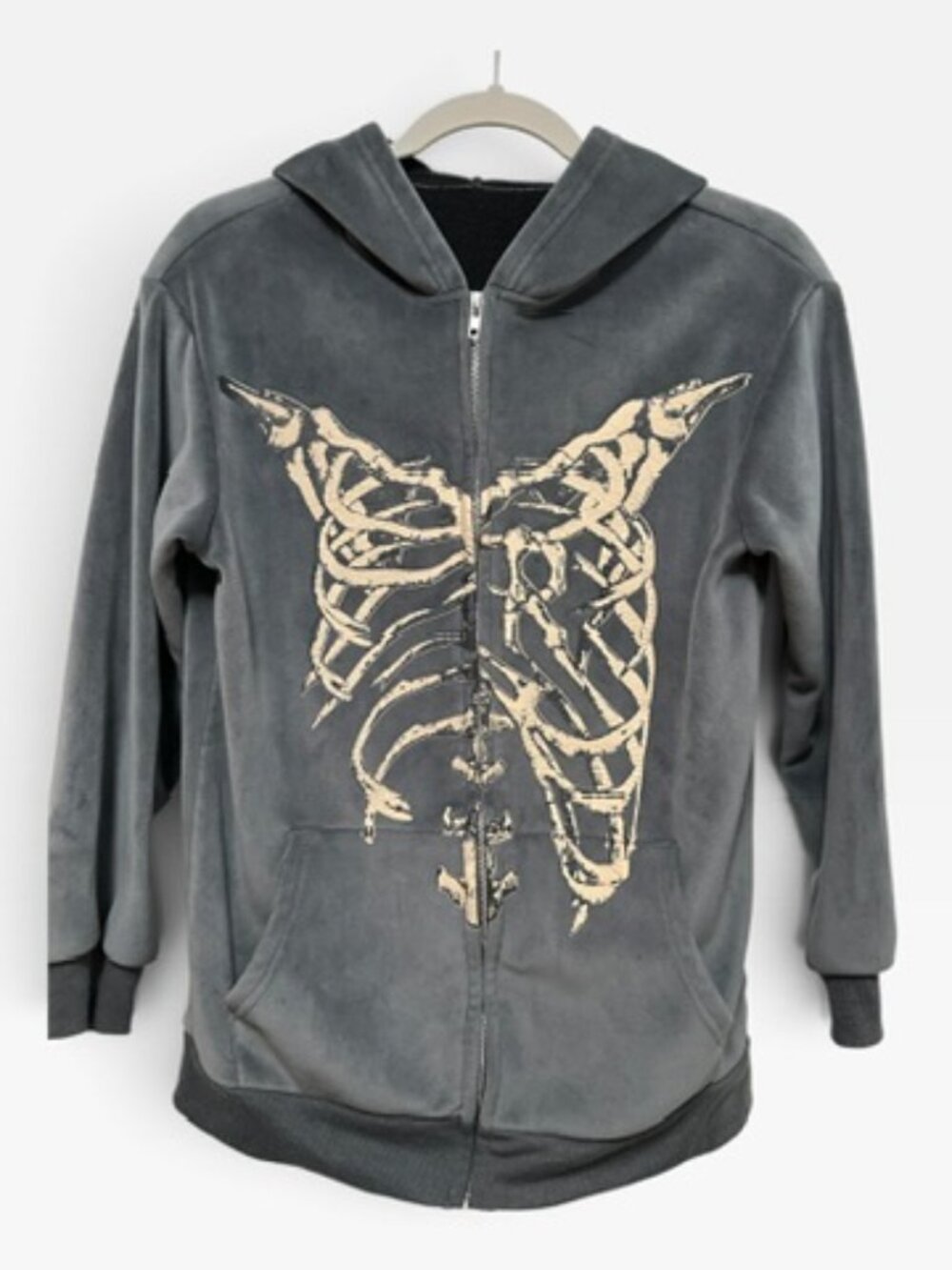 Unbranded Y2K Charcoal Gray Velour Skeleton Ribcage Full Zip Hoodie Small